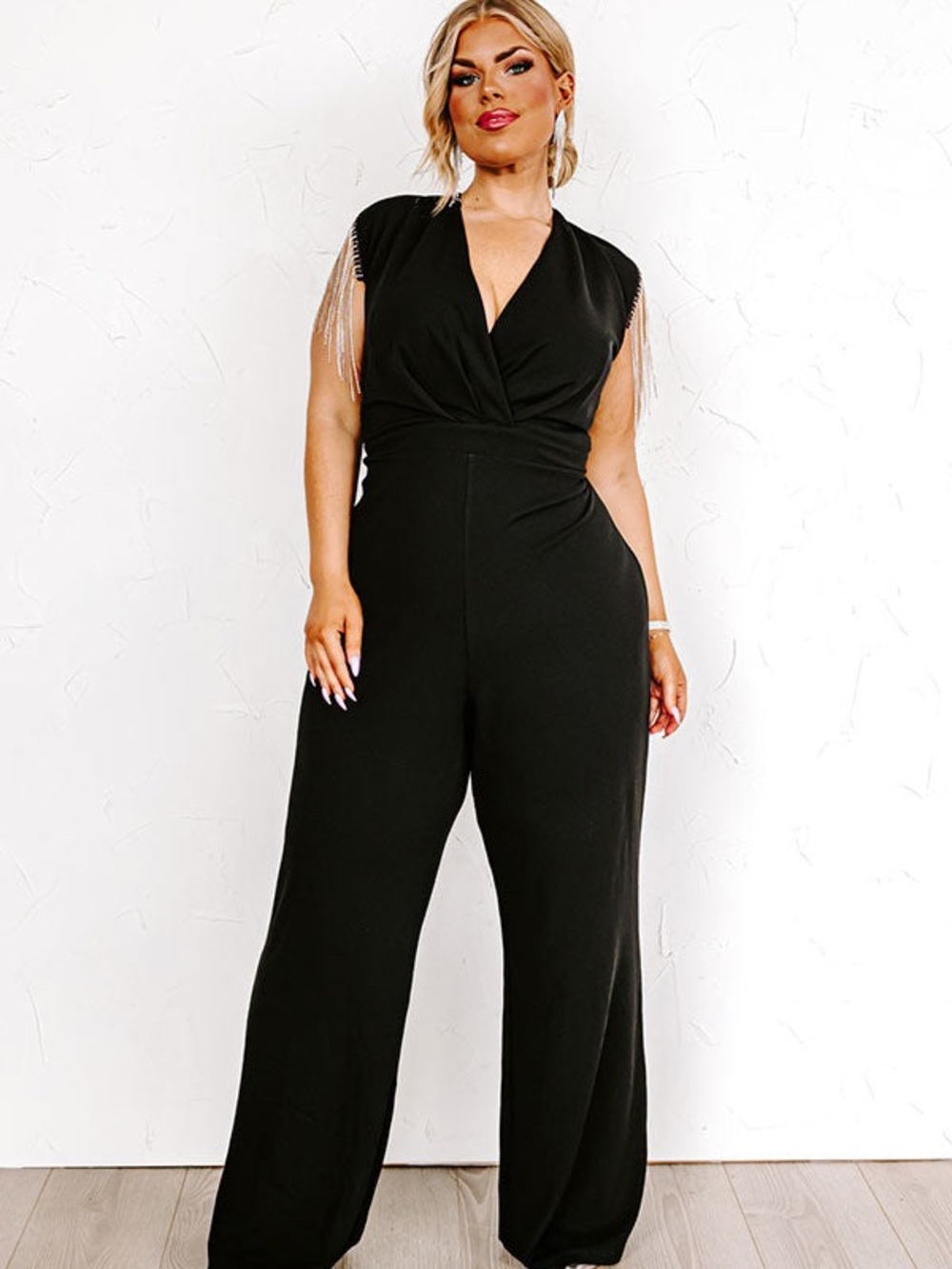 Plus Size Chic Black Wide-Leg Jumpsuit with Fringe Shoulder Detail
